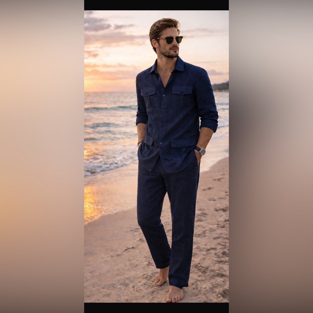 Navy blue 100% linen leisure wear combination